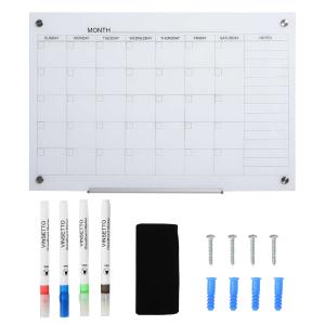 Vinsetto kalenderbord glasplaat met 4 glasclip markers gum aluminium pennenhouder magneetbord voor maandplanning magnetische weekplanner planbord wit 90 x 60 x 0,2 cm