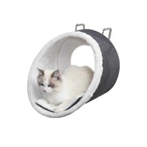PawHut kattenhanghol voor radiatoren raamzit kattenhol kattenmand haak verstelbaar hangend design donkergrijs + wit metalen linnen handdoek flanel 48 x 35 x 35 cm