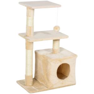 PawHut Kratzbaum mit Sisal Katzenbaum mit Katzenspielzeug Plüsch Beige Höhe 80 cm