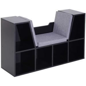 HOMCOM boekenplank met Ottomaanse bank zitbank banken & vakken met 6 opbergruimtes voor opslag zitmeubel met kussens spaanplaat schuimstof linnen zwart + grijs 102 × 30 × 61 cm