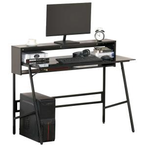 HOMCOM computer tafel bureau met twee planken moderne speeltafel met gehard glazen blad home office verstelbare deurmat staal spaanplaat zwart + grijs 115 x 55 x 90 cm