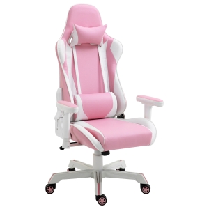 Vinsetto gamestoel met hoofdsteun lendenkussen bureaustoel in hoogte verstelbaar schuim kunstleer nylon roze + wit 71 x 73 x 128-138 cm
