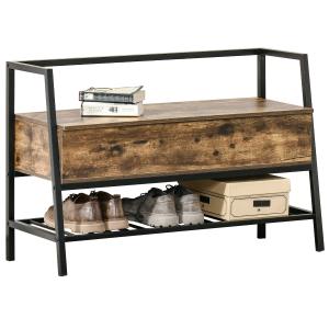 HOMCOM schoenenbank zitbank zitkist met 2 schappen entree grote opbergruimte spaanplaat metaal rustiek bruin + zwart 90 x 37 x 60 cm
