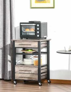 HOMCOM keukenwagen servicewagen serveerwagen met plank lade spaanplaat metaal grijs eiken 60 x 50 x 84,5 cm