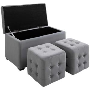 HOMCOM 3-delige bank met opbergruimte 2 x poef stoffering poef zitbank opbergbox voetenbank opvouwbaar belastbaar tot 130 kg microfiber schuim materiaal op houtbasis lichtgrijs 75x40x42 cm