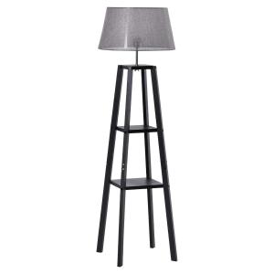 HOMCOM Stehlampe Standleuchte mit 3 Ablagen Kiefernholz Leinen modern Schwarz+Grau