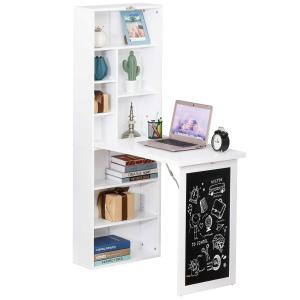 HOMCOM Fold-out Convertible Writing Desk Wall Mount Cabinet with Blackboard and Side Shelf Multi-Function Home Office Workstation, White