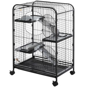 PawHut knaagdierkooi rolbare kooi voor kleine dieren 3-laags hamsterkooi met voerbak waterfles wielen bodempan meerdere deuren staal PP kunststof nylon zwart 64 x 43,5 x 93 cm