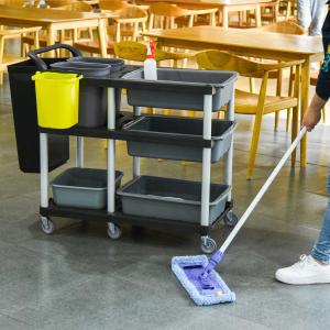 HOMCOM schoonmaakwagens reinigingswagens 4 verrijdbare emmers bassins 3-laagse poetswagen systeemwagen met stille, slipvrije wielen, slipvrije leuning voor hotel-, horeca- en gebouwreiniging grijs 110x50x92 cm