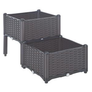 Outsunny PP Set Of 2 Raised Outdoor Garden Planter Box Brown