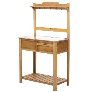 Outsunny Wooden Garden Potting Table Galvanized Metal Workstation Sink Shelves and Hooks