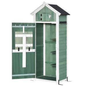 Outsunny Garden Wood Storage Shed with Workstation, Hooks, Asphalt Roof and Ground Nails