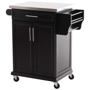 HOMCOM Kitchen Island, MDF, Stainless Steel Top-Black
