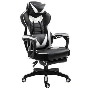 Vinsetto PU Leather Retractable Footrest Gaming Chair w/ Pillows White/Black