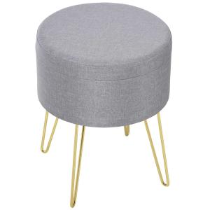 HOMCOM Polyester Upholstered Round Ottoman Footstool Grey/Gold