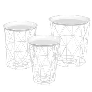HOMCOM set van 3 bijzettafel met opbergruimte nachtkastje decoratieve salontafel met afneembaar deksel mandtafel koffietafel staal wit Ø 43 x 44,5 cm / Ø 35 x 39,5 cm / Ø 30 x 35,5 cm
