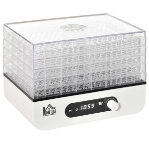 HOMCOM dehydrator droogapparaat voedseldroger met 5 compartimenten droger met temperatuurregelaar van 35-70 ℃ 72-uurs timer 400 Watt vlees groente fruit droger PP PS wit 29 x 19 x 21,5 cm