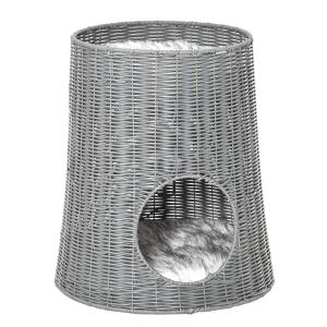 PawHut twee verdiepingen tellend kattenhuis kattenmand kattengrot kattenmand met 2 kussens rieten mand met zonnedak gesloten design handgeweven PE rotan katoen grijs 45 x 45 x 50 cm