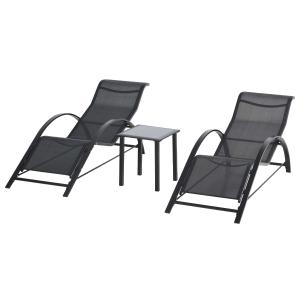 Outsunny 2 Tumbonas de Jardín 59x169x66 cm con Mesa de Café 41x41x45 cm de Vidrio Templado Reposabrazos para Patio Piscina Terraza Aire Libre Negro