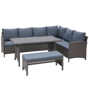 Outsunny Conjunto de Salón de Ratán para Jardín o Terraza Gran Sofá Esquinero Mesa Grande de 140x70x65 cm y Banco de Exterior en Tono Gris