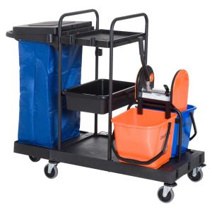 HOMCOM Carro de Limpieza Profesional con Escurridor de Palanca con 3 Estantes y 2 Cubos de Fregar de 18L Bolsa con Tapa Ruedas 111x63,3x103 cm Negro Azul y Naranja
