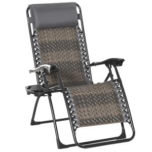 Outsunny Tumbona Plegable de Ratán con Respaldo Ajustable Reposacabezas Extraíble Portavasos y Soporte para Teléfono Jardín Terraza al Aire Libre 65x70x110 cm Gris