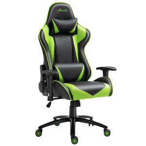 Vinsetto Silla Gaming Ergonómica Silla para gamers Silla de Juego Giratoria Ajustable en Altura con Reposabrazos Regulable Reposacabezas y Cojín Lumbar Cuero Sintético 73x71x128-136 cm Verde