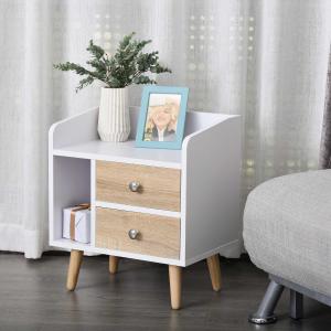 HOMCOM Mesita de Noche Compacta Mesa Multifuncional con 2 Cajones Grandes y 1 Estante Abierto Patas Elevadas de Pino 43x30x49 cm Blanco