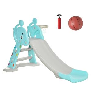 HOMCOM Tobogán Infantil Plegable con Canasta de Baloncesto para Niños +18 Meses Modelo Jirafa para Interiores y Exteriores 140x87x75 cm Azul y Gris