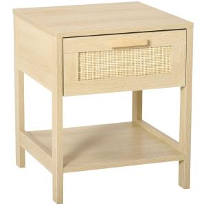 HOMCOM Mesita de Noche Mesa Auxiliar con Cajón de Ratán y Estante Inferior Base Elevada para Dormitorio Sala de Estar 40x40x48 cm Color Madera