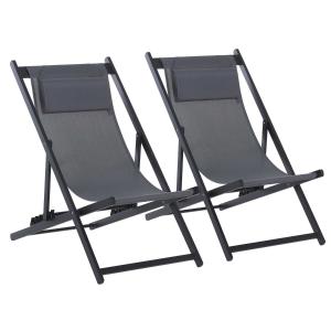 Outsunny Conjunto de 2 Tumbonas Plegables con Respaldo Regulable en 5 Posiciones y Reposacabezas Acolchado Incorporado 58x96.5x91.5cm Gris