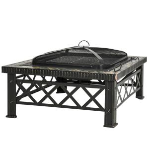 Outsunny Brasero Exterior Calentador de Fuego 76x76x47 cm Multifuncional 3 en 1 Cuadrada Nuevo Estilo Cubo de Hielo para Calefacción Barbacoa Terraza Jardín Negro