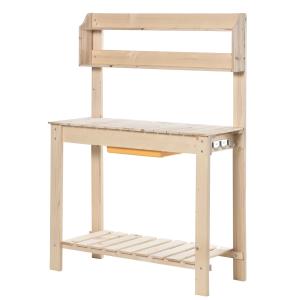 Outsunny Mesa de Plantación de Madera Mesa para Macetas con Tablero Deslizante 3 Estantes Ganchos Jardín Patio Garaje 100x40x140 cm Natural