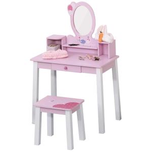 HOMCOM Tocador Infantil con Taburete y Espejo tipo Princesa Mesita de Maquillaje de Madera Rosa Juguete para Niñas 60x34x93 cm