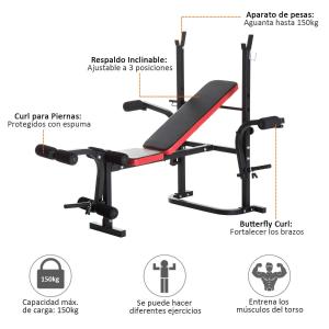 HomCom Banco de Musculación con Respaldo Ajustable Carga 150kg Acero - 105x150x112cm