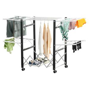 HOMCOM Tendedero de Ropa Plegable Tendedor de Aluminio Móvil con 4 Alas Laterales y Estante para Zapatos 4 Ruedas con Frenos para Interior y Exterior 157,5x54x101 cm Blanco