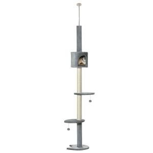 PawHut Árbol Rascador para Gatos Rascador para Fijar al Techo Altura Ajustable 220-280 cm con Plataformas Cueva Postes de Sisal Bolas Colgantes Gris Claro