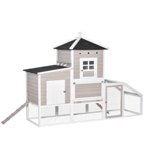 PawHut Gallinero de Madera para Exterior Jaula Grande para Gallinas Pollos con Caseta de 2 Niveles Zona Abierta Nido Bandeja Extraíble y Techo Asfáltico 235x83x171 cm Gris