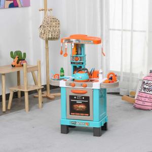 HOMCOM Set de Juguetes de Cocina para Niños Mayores de 3 Años Juegos de Rol Luces y Sonidos Educativo con 33 Accesorios 64x29x87cm Azul