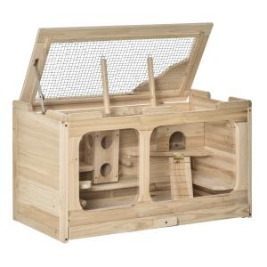PawHut Jaula de Madera para Hámster Ratones Casa de Roedores con 2 Escondites Techo Abatible Bandeja Extraíble Múltiples Plataformas Rampa y Columpios 78x40x44 cm Natural
