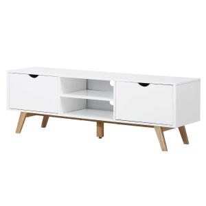 HOMCOM Armario para TV Soporte de Televisor Espacioso con 2 Armarios Estantes Abiertos Manija Oculta Patas de Madera 150x39x50 cm Blanco