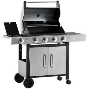 Outsunny Barbacoa de Gas con Ruedas Parrilla con 4+1 Quemadores 3 KW y Mesa Lateral Armario de Almacenaje Acero Inoxidable BBQ 128x50x113 cm Negro Plateado