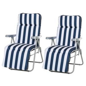 Outsunny Pack de 2 Tumbonas Acolchadas Plegables y Reclinables con Reposapiés para Playa o Camping - Azul y Blanco - Acero - 60x75x102cm