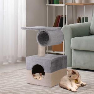 PawHut Rascador Árbol para Gatos con Poste Central Casa cama de Felpa Suave para Arañar Dormir y Jugar 31x31x58cm Gris y Beige