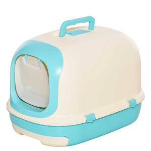 PawHut Arenero para Gatos Caja de Arena con Asa de Transporte Doble Fondo Bandeja Extraíble Pala y Filtro de Carbón Activo 63x43x43 cm Beige y Verde