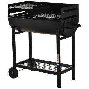 Outsunny Barbacoa de Carbón con 2 Parrillas Independientes Ahumador para Exterior con Estante de Almacenaje y Ruedas Altura Regulable 90x45x96cm