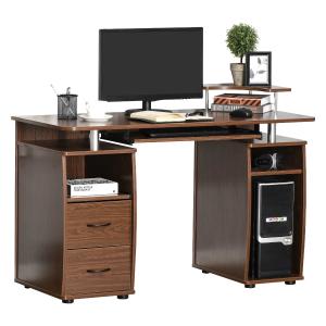 HOMCOM Mesa de Ordenador PC Mesa Escritorio con Múltiples Estantes Bandeja de Teclado Soporte CPU y 2 Cajones para Oficina 120x55x85 cm Marrón