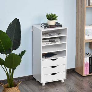 Vinsetto Mueble Auxiliar para Oficina Estudio Gran Espacio de Almacenaje con 3 Cajones 4 Estantes Abiertos 4 Ruedas 40x30x83 cm Blanco