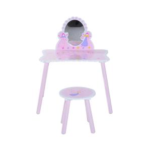 HomCom® Tocador Maquillaje para Niños con Espejo y Taburete Madera Rosa