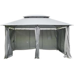 Outsunny Cenador de Jardín 4x3 m Marco Acero Gazebo con Doble Techo 6 Cortinas Laterales 8 Orificios de Drenaje Buena Ventilación para Fiestas Eventos Gris
